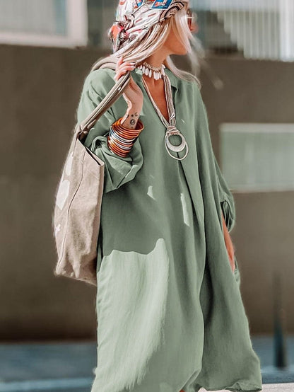 Flowy Green V-Neck Casual Dress with Roll-Tab Sleeves