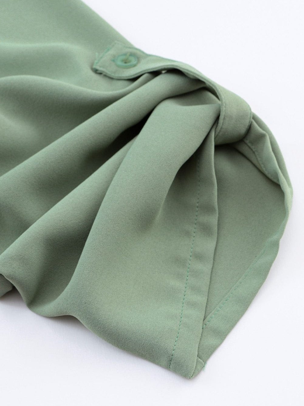 Flowy Green V-Neck Casual Dress with Roll-Tab Sleeves