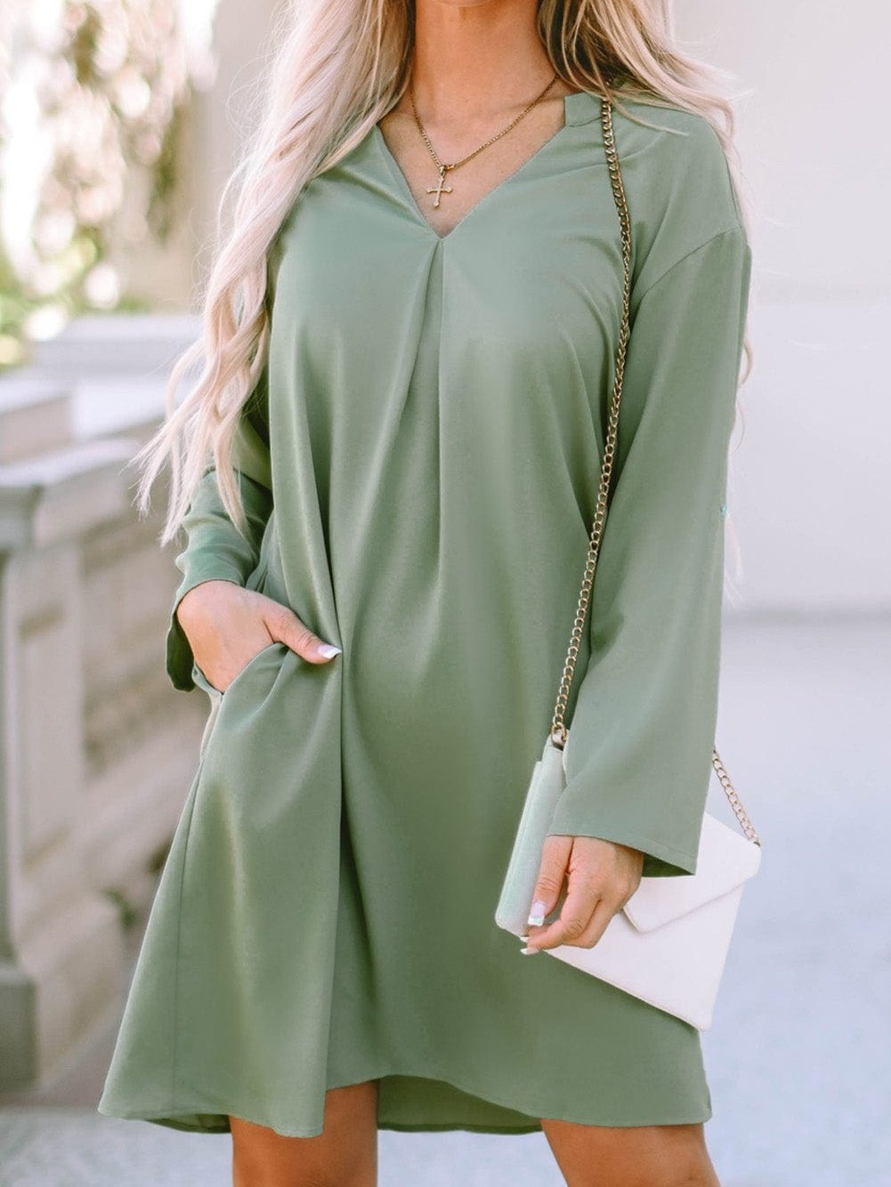 Flowy Green V-Neck Casual Dress with Roll-Tab Sleeves