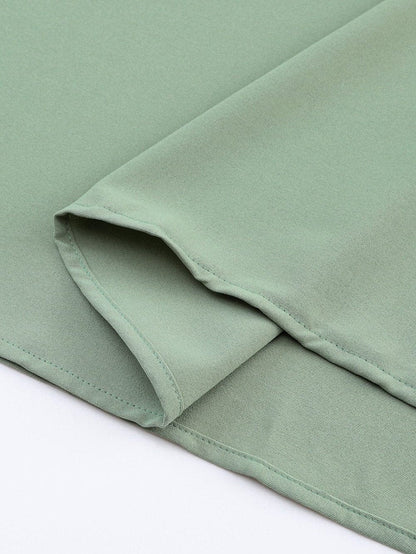 Flowy Green V-Neck Casual Dress with Roll-Tab Sleeves