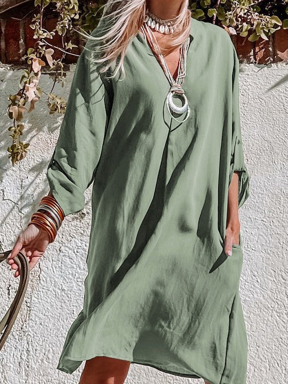 Flowy Green V-Neck Casual Dress with Roll-Tab Sleeves