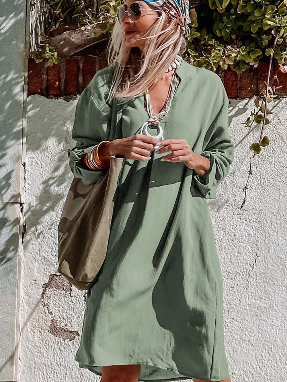 Flowy Green V-Neck Casual Dress with Roll-Tab Sleeves