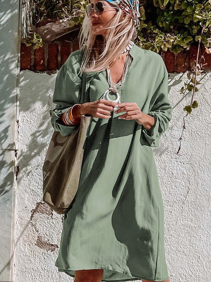 Flowy Green V-Neck Casual Dress with Roll-Tab Sleeves
