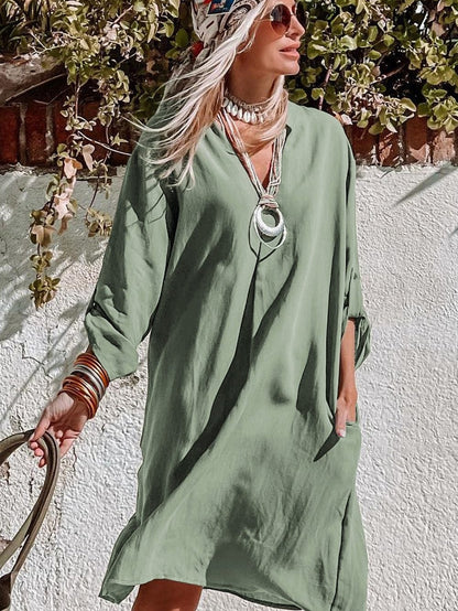 Flowy Green V-Neck Casual Dress with Roll-Tab Sleeves