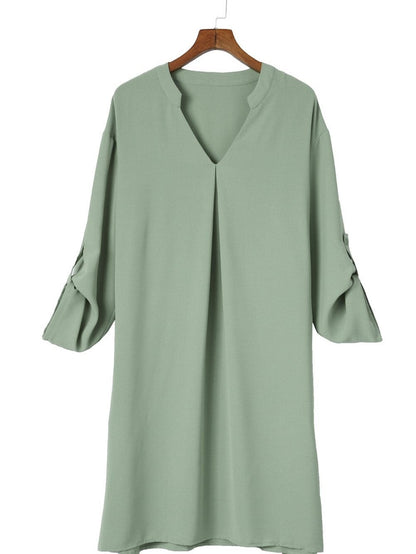 Flowy Green V-Neck Casual Dress with Roll-Tab Sleeves