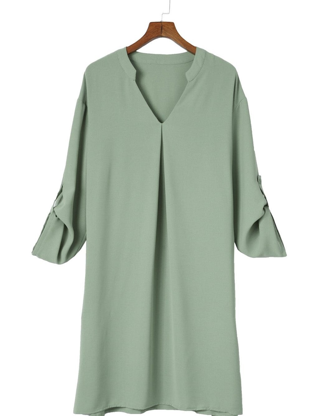 Flowy Green V-Neck Casual Dress with Roll-Tab Sleeves