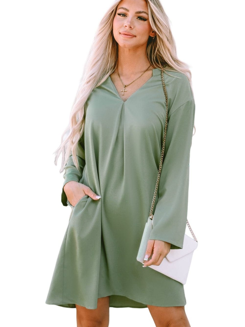 Flowy Green V-Neck Casual Dress with Roll-Tab Sleeves