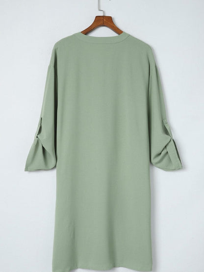 Flowy Green V-Neck Casual Dress with Roll-Tab Sleeves