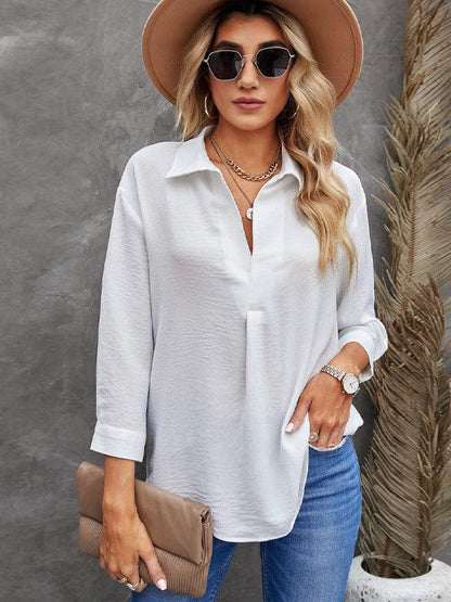 Flowy Long-Sleeve Chiffon Blouse with V-Neck Collar