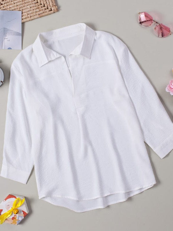 Flowy Long-Sleeve Chiffon Blouse with V-Neck Collar