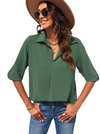 Flowy Long-Sleeve Chiffon Blouse with V-Neck Collar