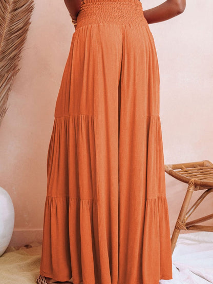 Flowy Orange Smocked Waist Wide Leg Trousers
