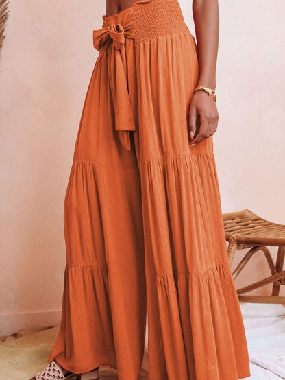 Flowy Orange Smocked Waist Wide Leg Trousers