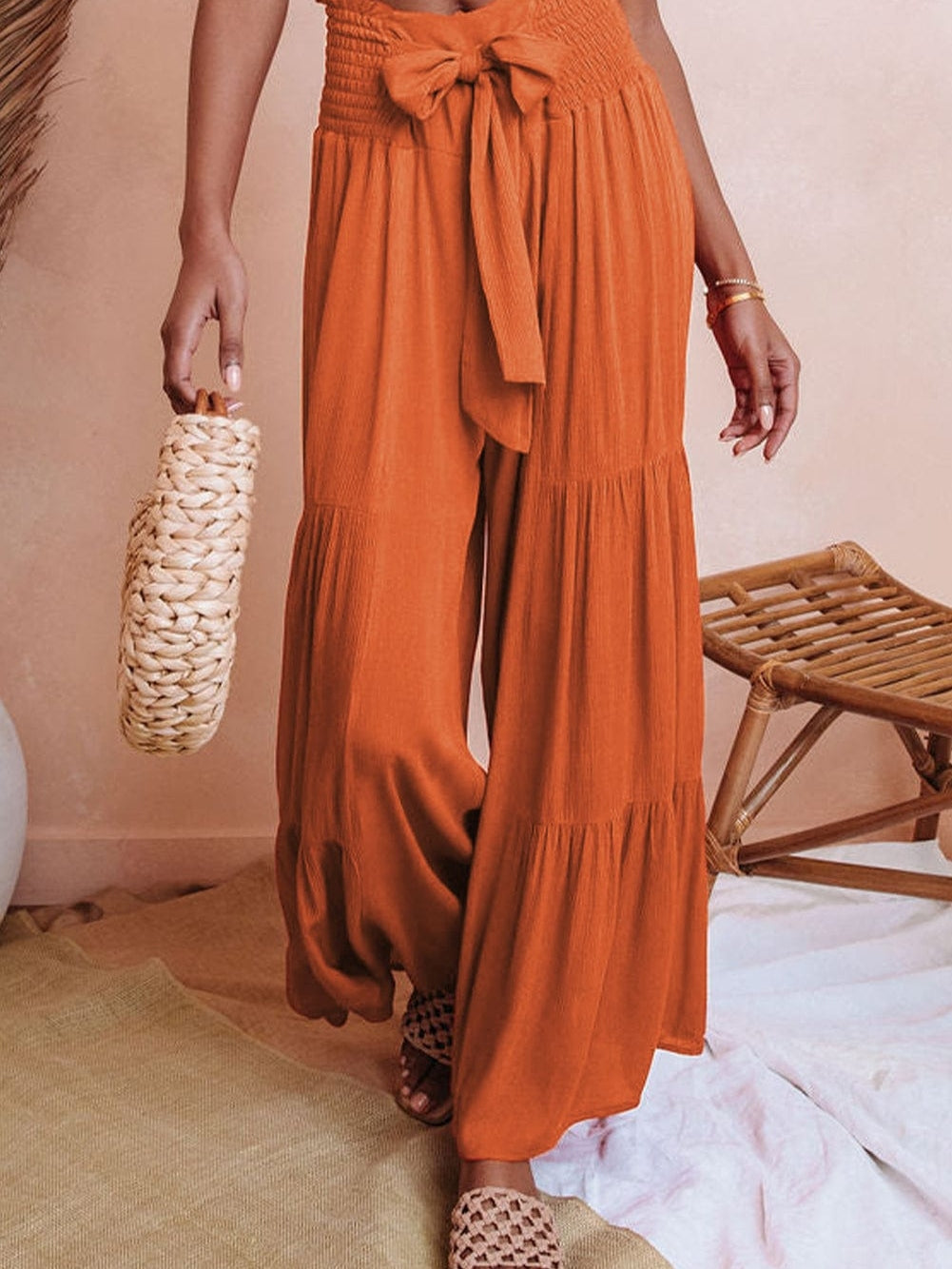 Flowy Orange Smocked Waist Wide Leg Trousers