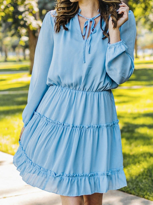 Flowy V Neck Chiffon Tiered Mini Dress