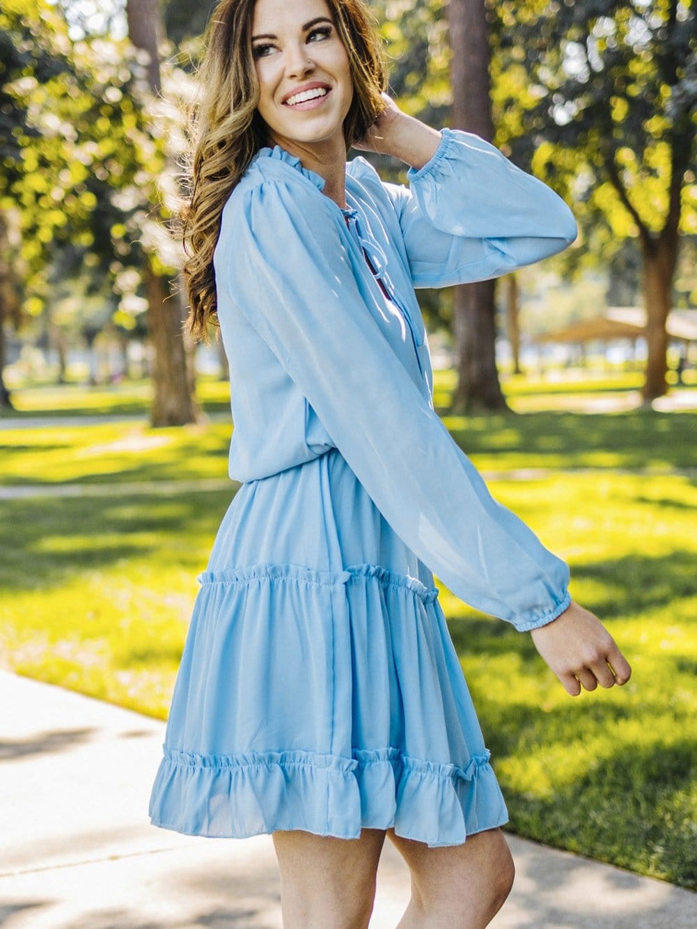 Flowy V Neck Chiffon Tiered Mini Dress
