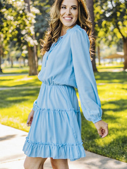 Flowy V Neck Chiffon Tiered Mini Dress