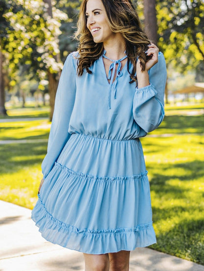 Flowy V Neck Chiffon Tiered Mini Dress