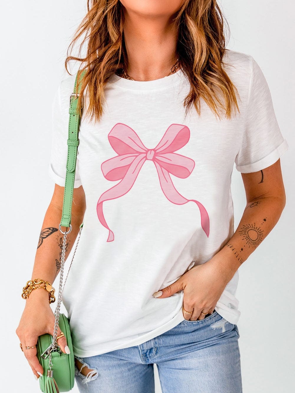 Flowy White Bow Knot Graphic Print Round Neck T-shirt