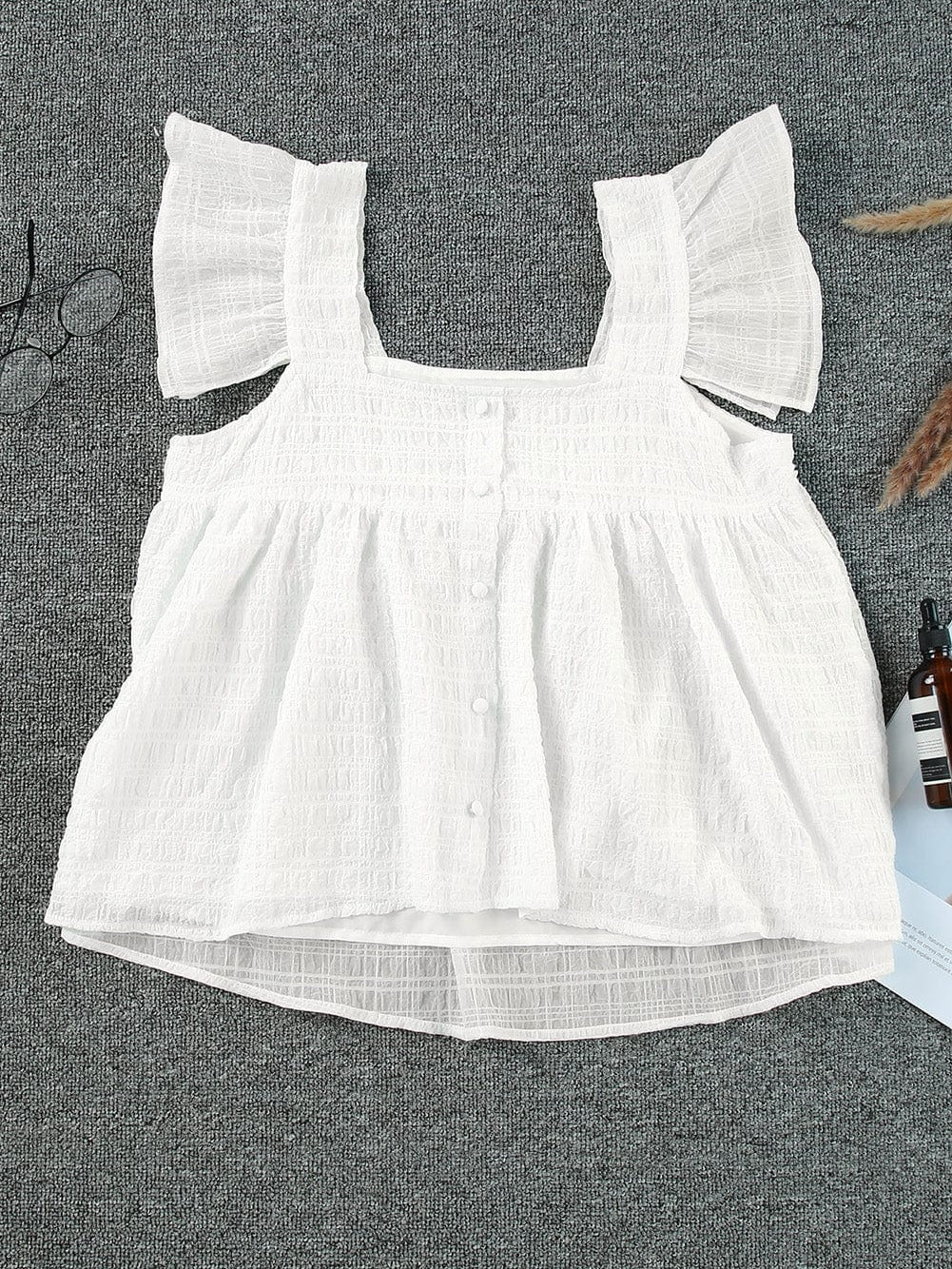 Flowy White Ruffle Sleeve Textured Tank Top