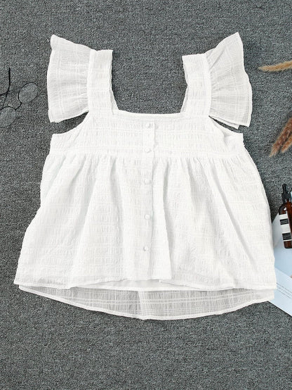 Flowy White Ruffle Sleeve Textured Tank Top