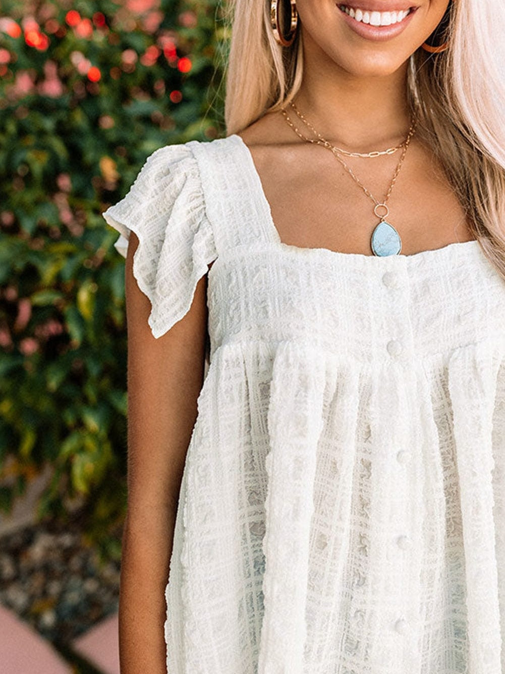 Flowy White Ruffle Sleeve Textured Tank Top