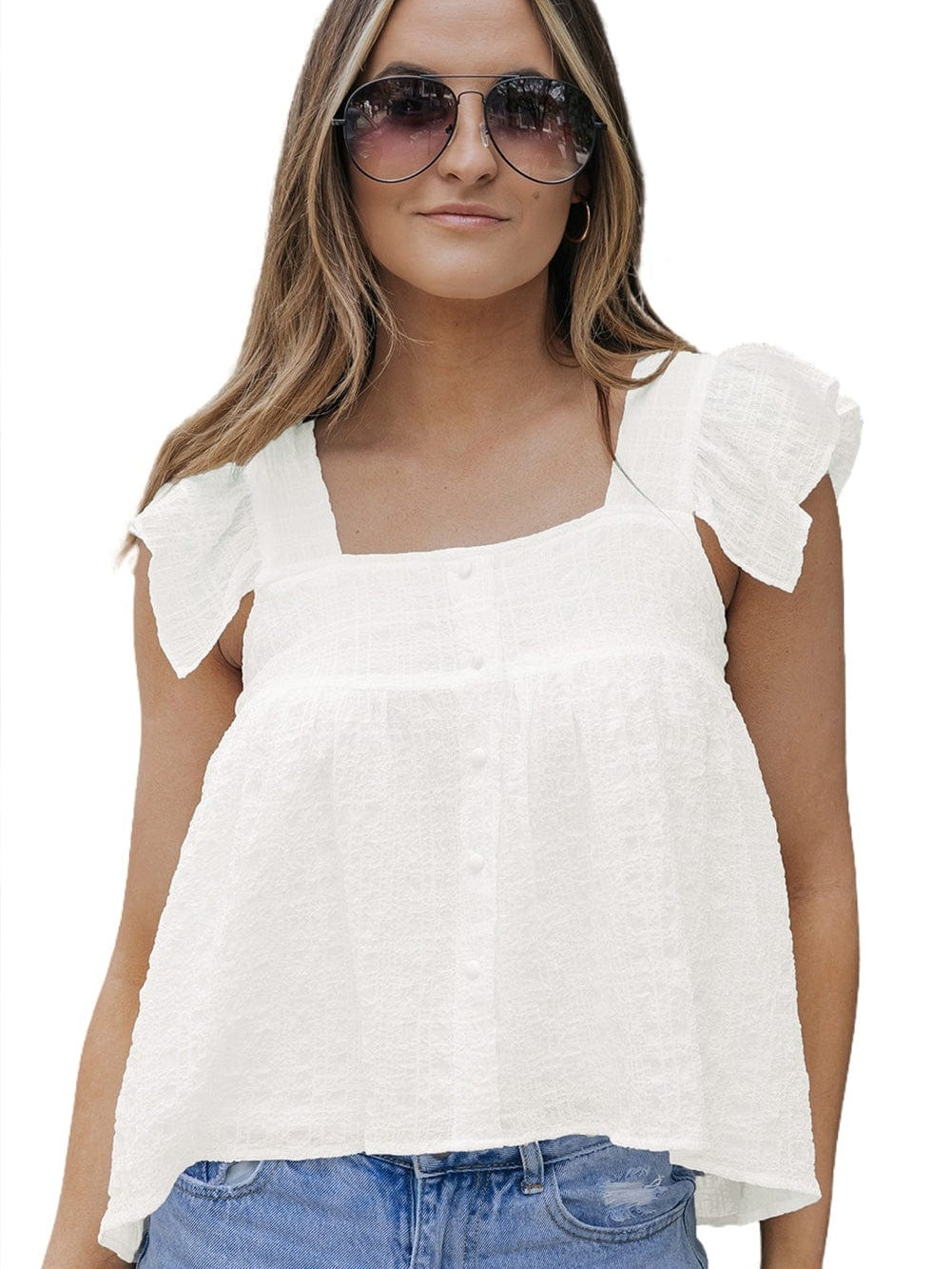Flowy White Ruffle Sleeve Textured Tank Top