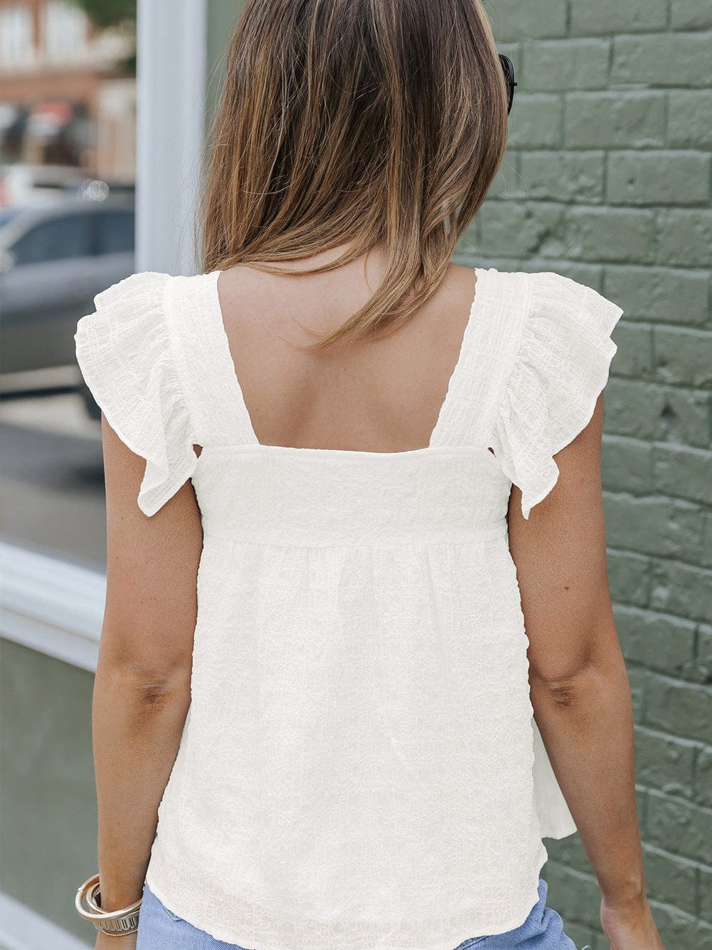 Flowy White Ruffle Sleeve Textured Tank Top