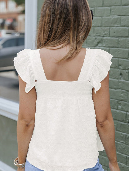 Flowy White Ruffle Sleeve Textured Tank Top