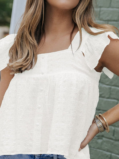 Flowy White Ruffle Sleeve Textured Tank Top