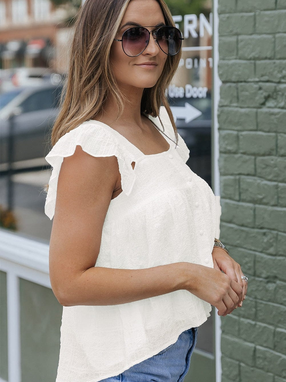 Flowy White Ruffle Sleeve Textured Tank Top