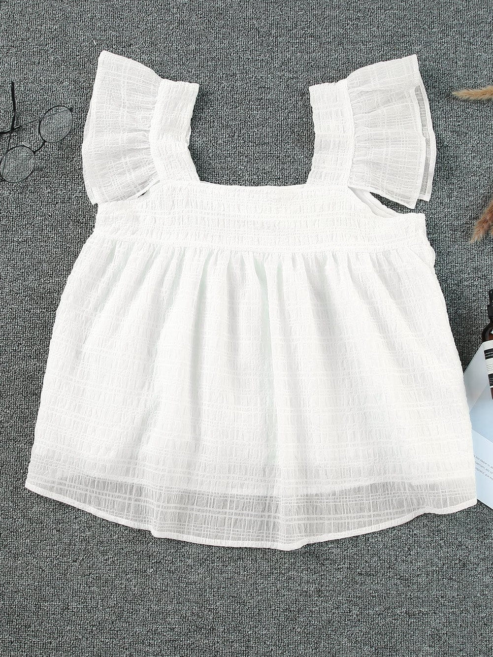 Flowy White Ruffle Sleeve Textured Tank Top