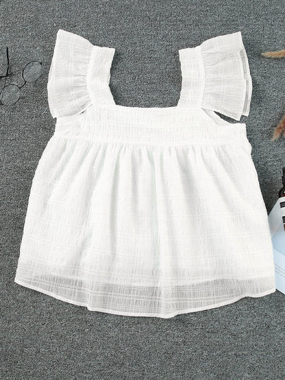 Flowy White Ruffle Sleeve Textured Tank Top