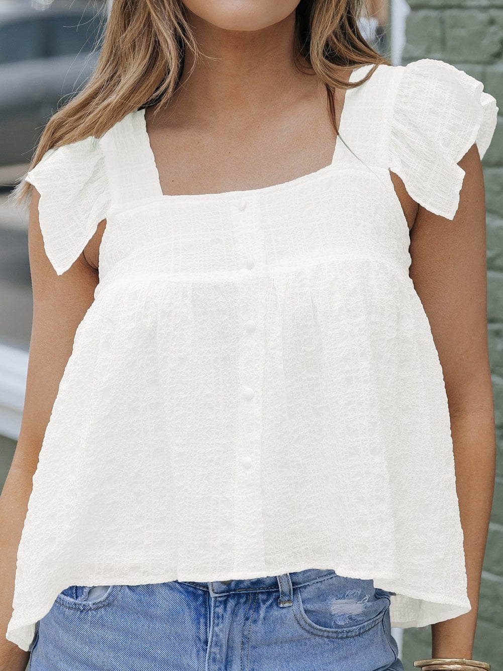 Flowy White Ruffle Sleeve Textured Tank Top