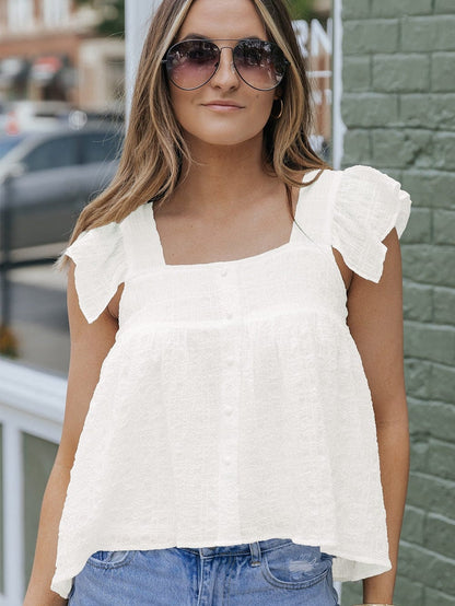Flowy White Ruffle Sleeve Textured Tank Top