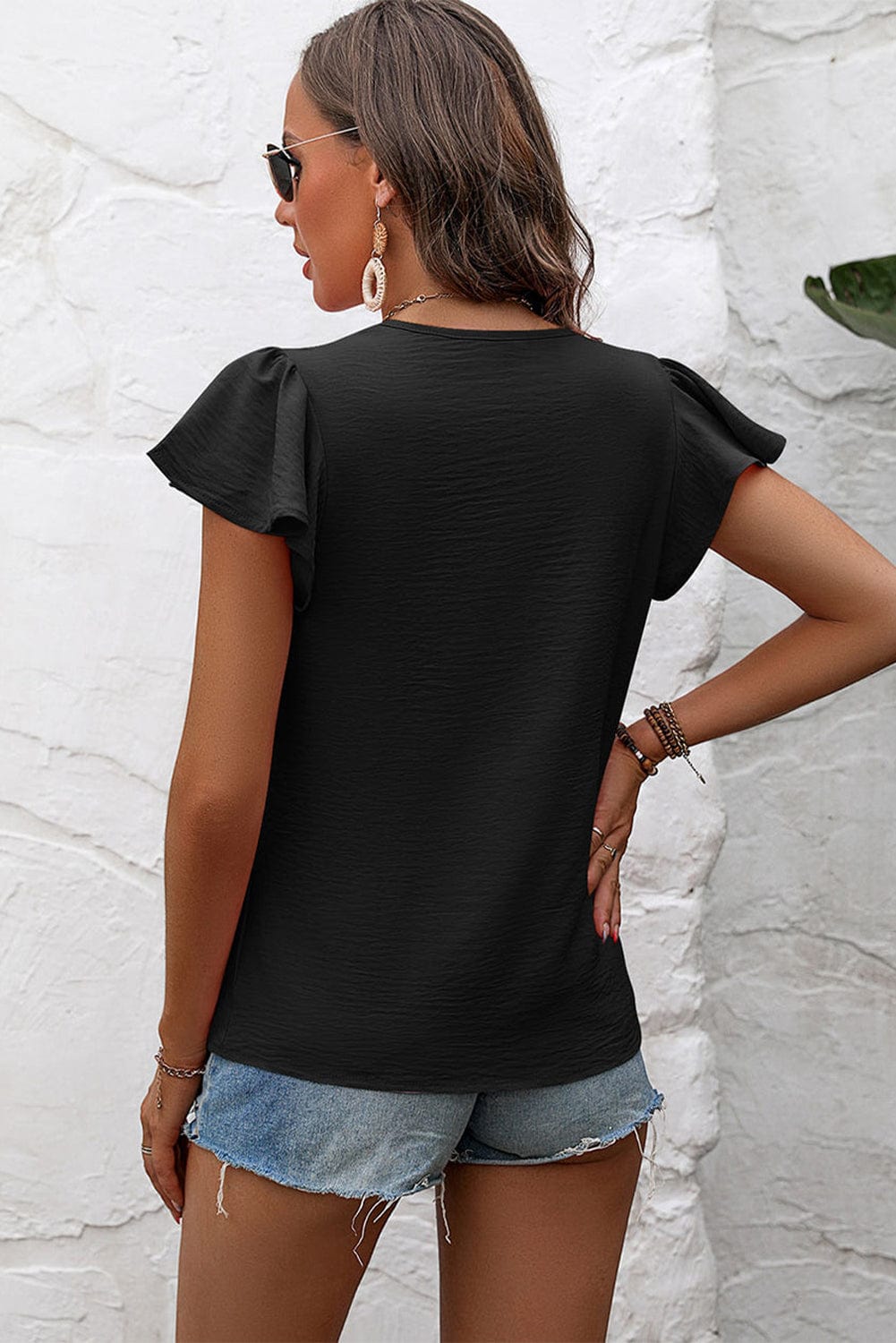 Flutter Sleeve Black Textured Blouse with Pleats