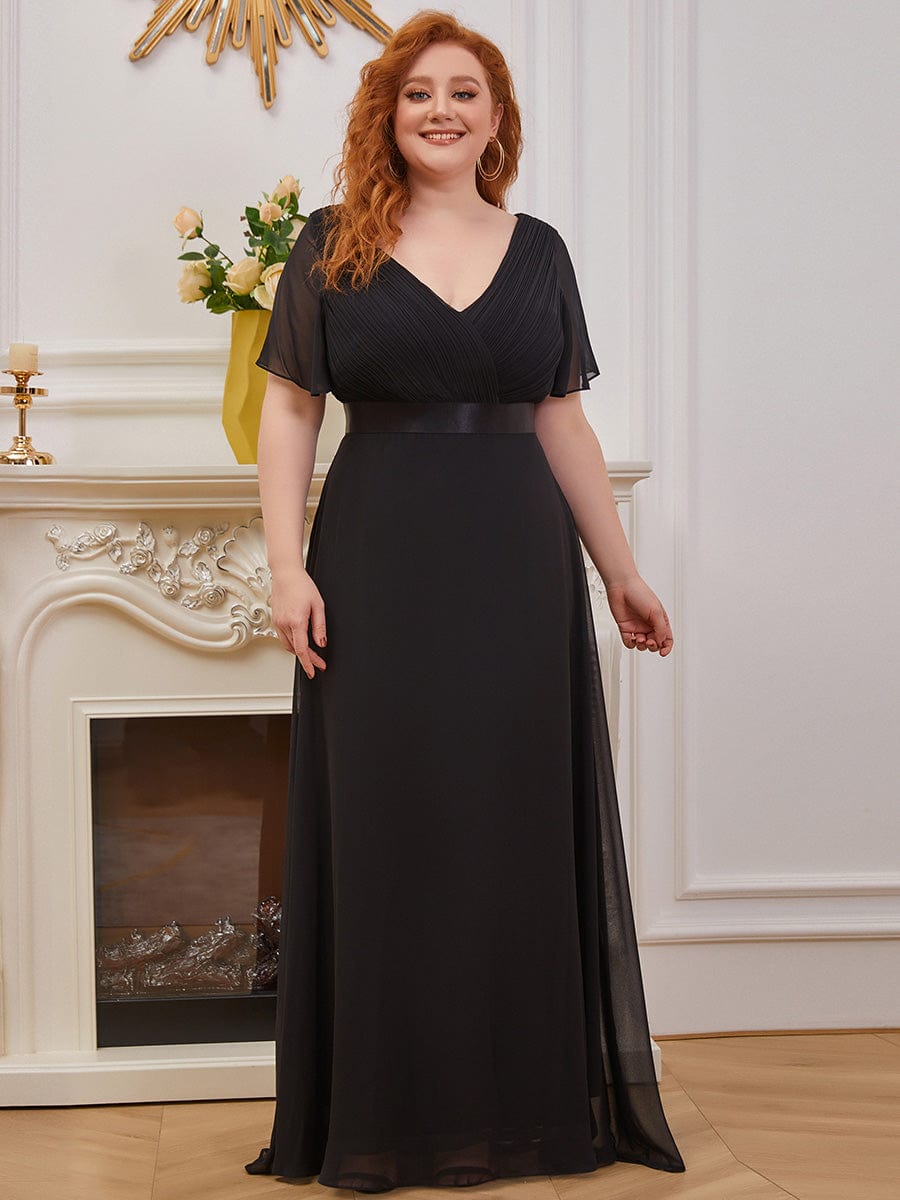 Flutter Sleeve Double V-Neck Plus Size Evening Gown with Ruffled Empire Waist
