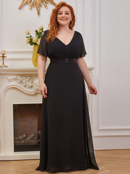 Flutter Sleeve Double V-Neck Plus Size Evening Gown with Ruffled Empire Waist