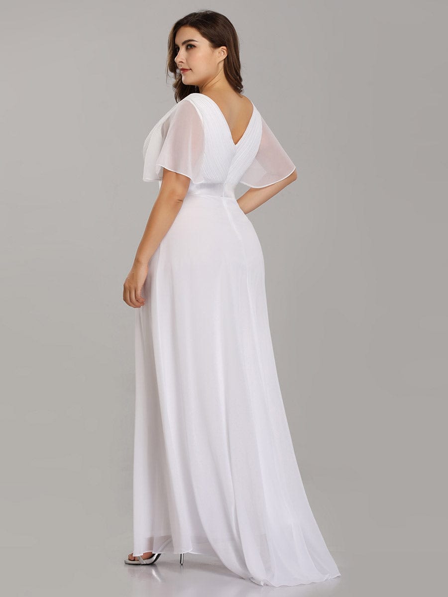 Flutter Sleeve Double V-Neck Plus Size Evening Gown with Ruffled Empire Waist