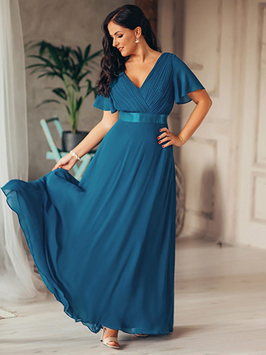 Flutter Sleeve Double V-Neck Plus Size Evening Gown with Ruffled Empire Waist