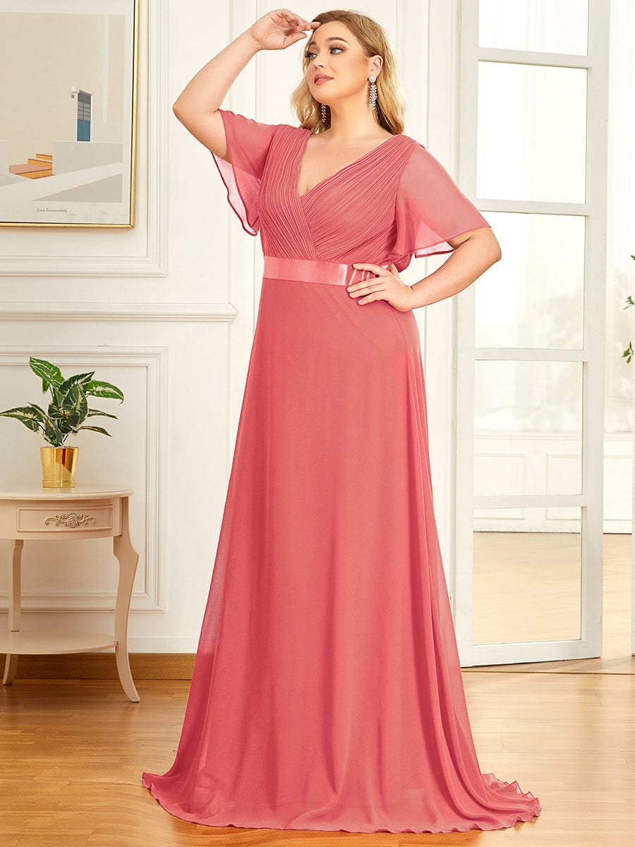 Flutter Sleeve Double V-Neck Plus Size Evening Gown with Ruffled Empire Waist
