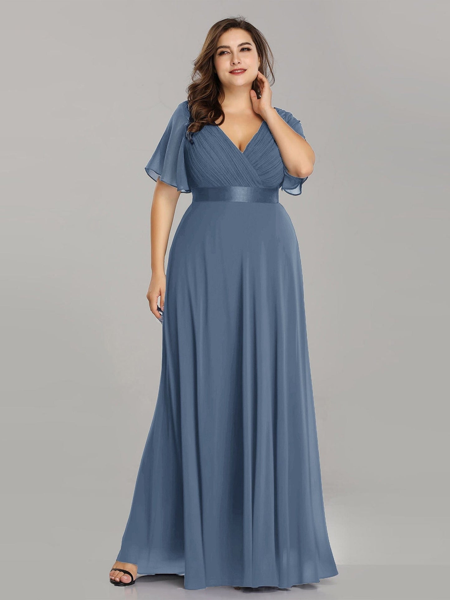 Flutter Sleeve Double V-Neck Plus Size Evening Gown with Ruffled Empire Waist