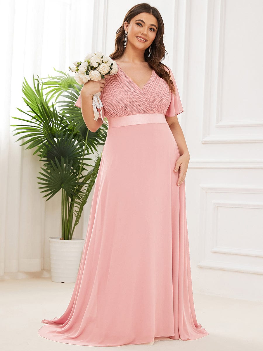Flutter Sleeve Double V-Neck Plus Size Evening Gown with Ruffled Empire Waist