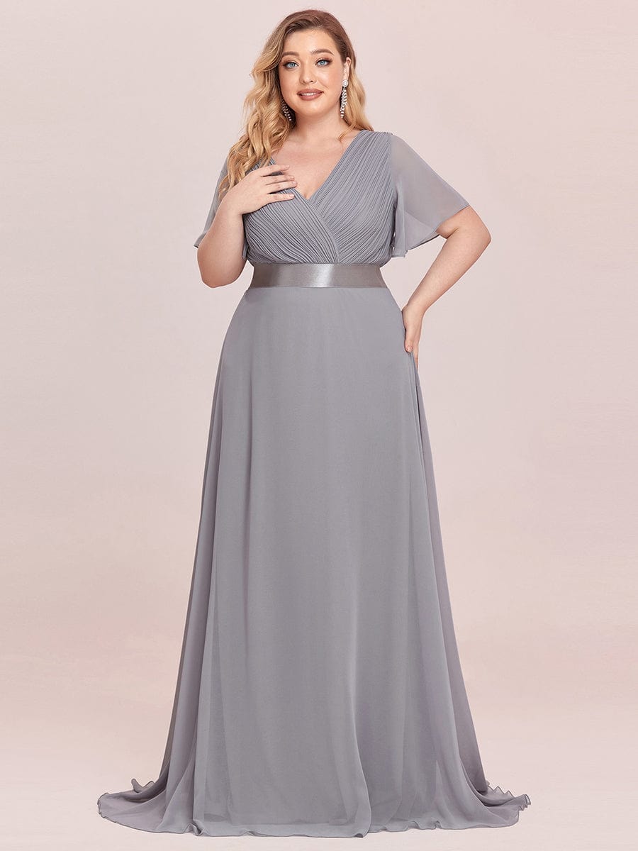 Flutter Sleeve Double V-Neck Plus Size Evening Gown with Ruffled Empire Waist