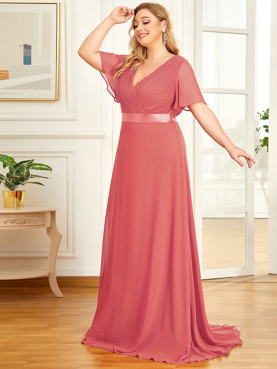Flutter Sleeve Double V-Neck Plus Size Evening Gown with Ruffled Empire Waist