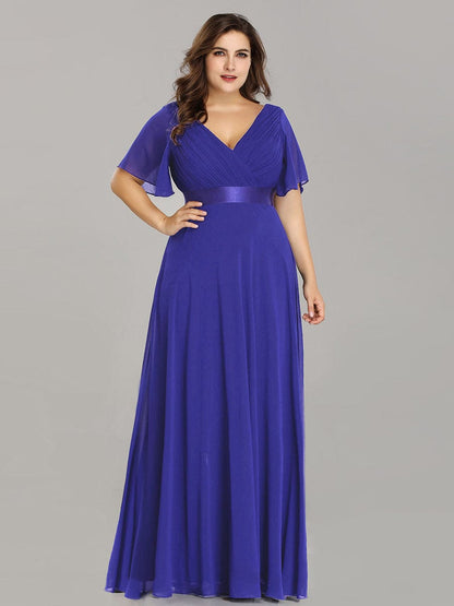 Flutter Sleeve Double V-Neck Plus Size Evening Gown with Ruffled Empire Waist