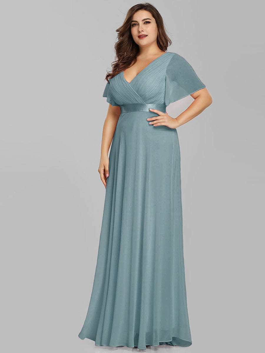 Flutter Sleeve Double V-Neck Plus Size Evening Gown with Ruffled Empire Waist