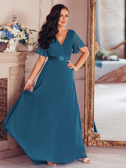 Flutter Sleeve Double V-Neck Plus Size Evening Gown with Ruffled Empire Waist