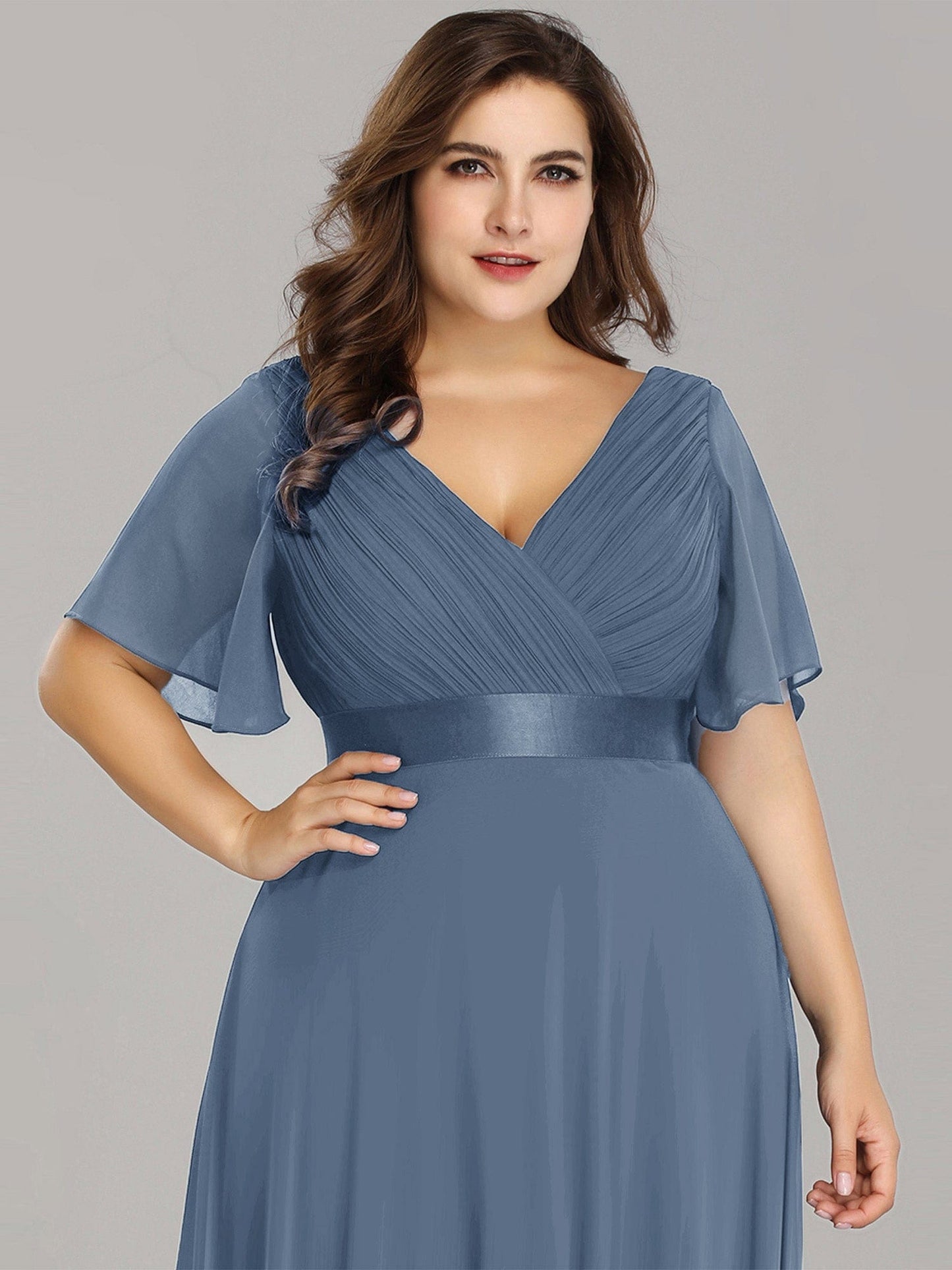 Flutter Sleeve Double V-Neck Plus Size Evening Gown with Ruffled Empire Waist