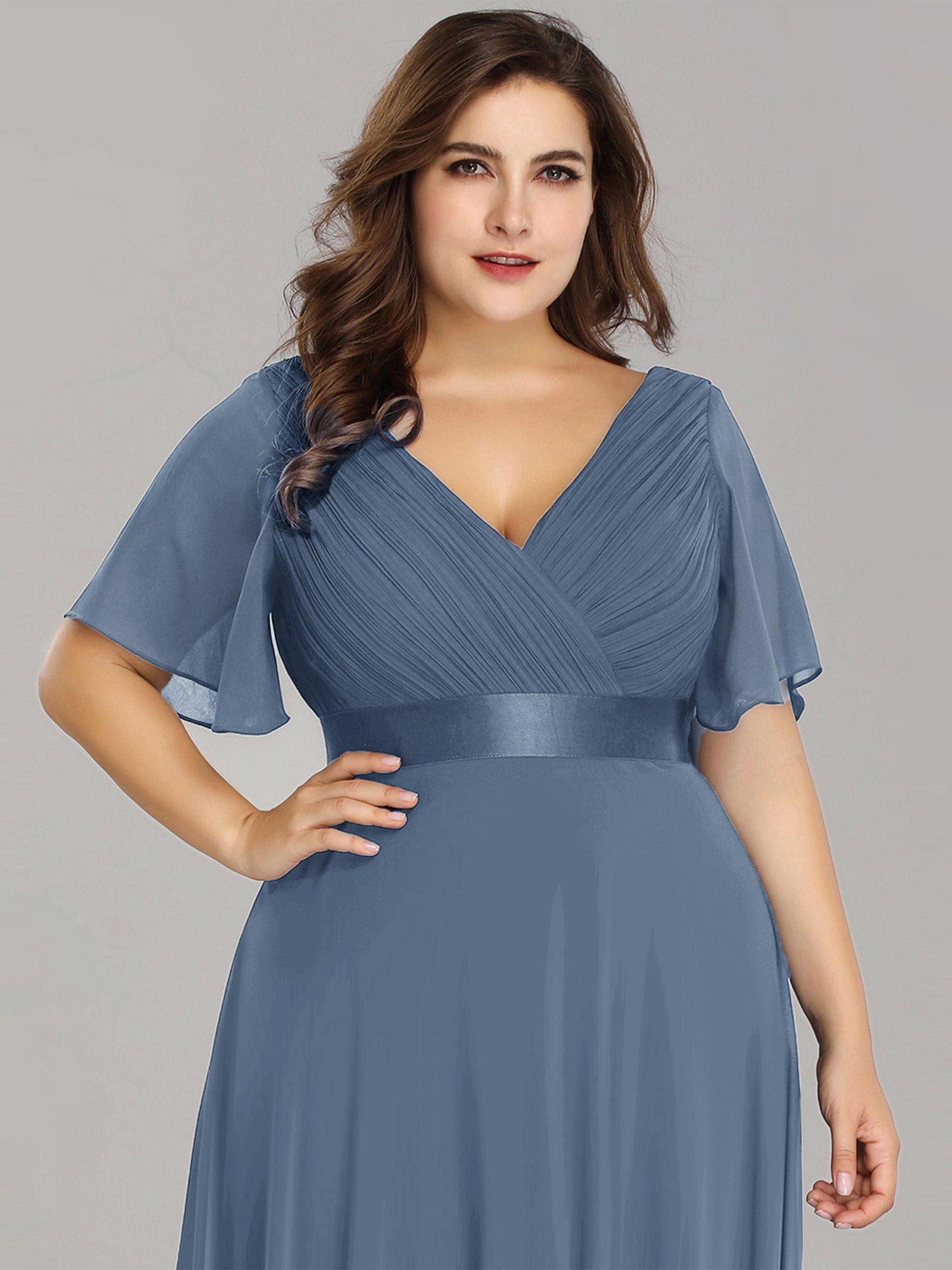 Flutter Sleeve Double V-Neck Plus Size Evening Gown with Ruffled Empire Waist
